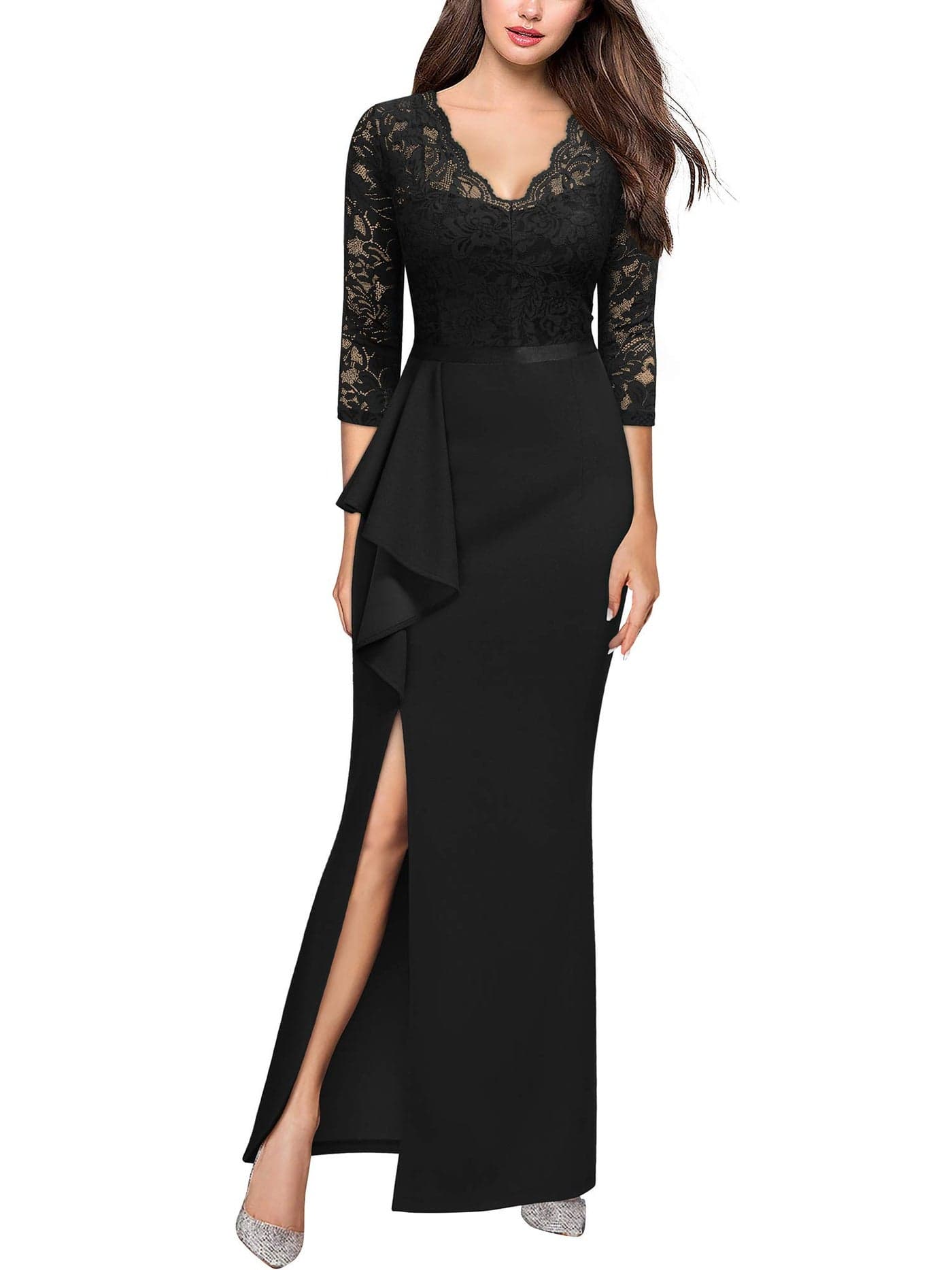 MISSMAY Womens Vintage Floral Lace Ruffle Half Sleeve Evening Party Formal Long Dress Large Black
