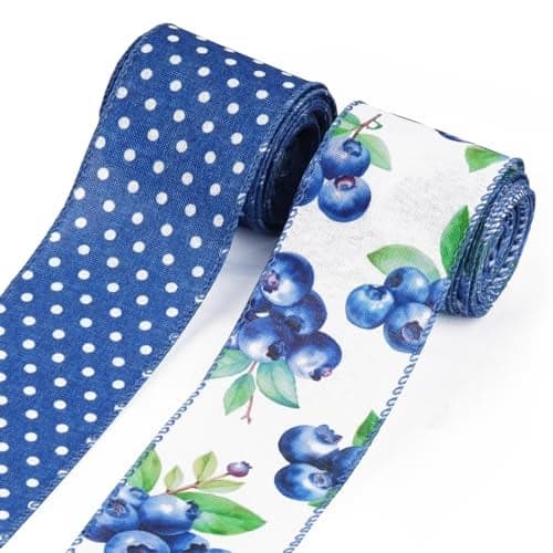 Habbiful 2510 Yards Spring Wired Ribbon for DIY Crafts Gift Wrapping Wreath Bows Blueberry Dot Ribbons Fruit Print Burlap Ribbon for Home Wedding Birthday Party Decoration