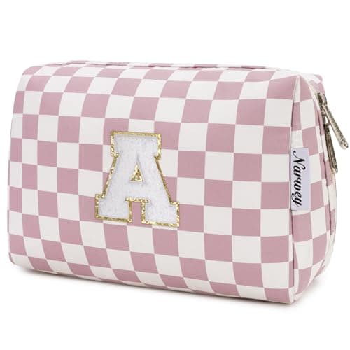 Narwey Birthday Gifts Personalized Initial Makeup Bag, Teen Girls Kids Trendy Stuff 10 11 12 13 14 16 18 Years Old, Gift for Women Bridesmaid Graduation, Travel Toiletry Preppy Cosmetic Bag (Pink A)
