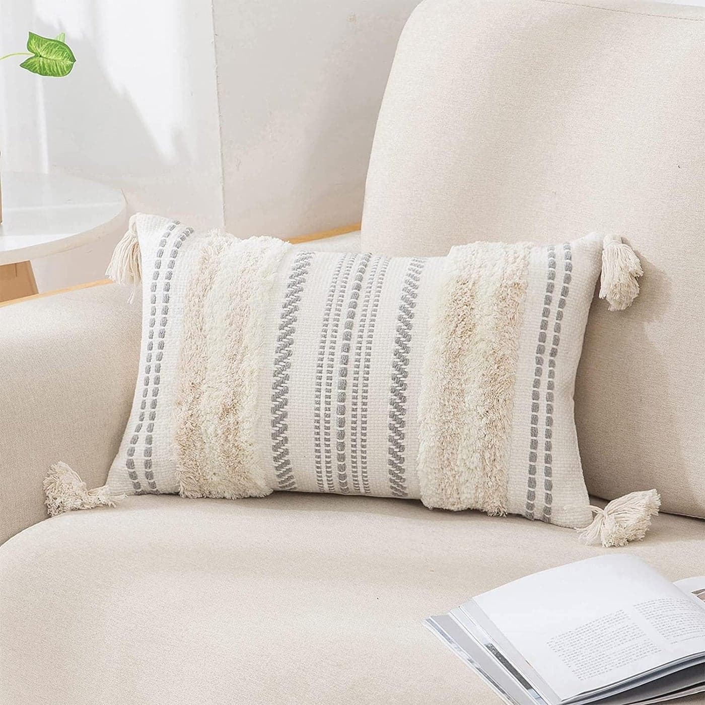 decorUhome Decorative Boho Throw Pillow Cover 12x20 Lumbar Accent Neutral Textured Tufted Pillow Cover Striped for Couch Bed Sofa Beige and Cream White Pack of 1