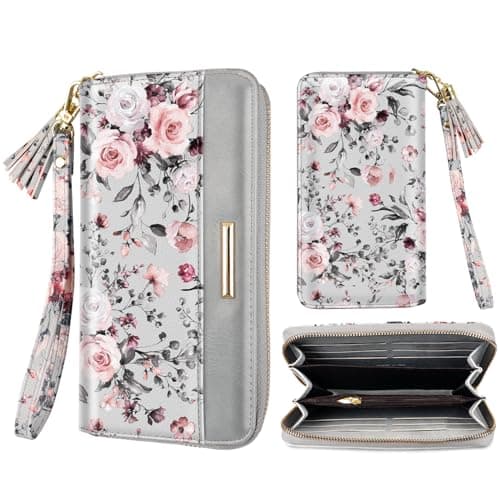 Coco Rossi Women Wallets Multi Card Case Wallet Clutch Wallet Card Holder Organizer Ladies Purse Floral Tassel Wrist strap Purse,Grey Flowers