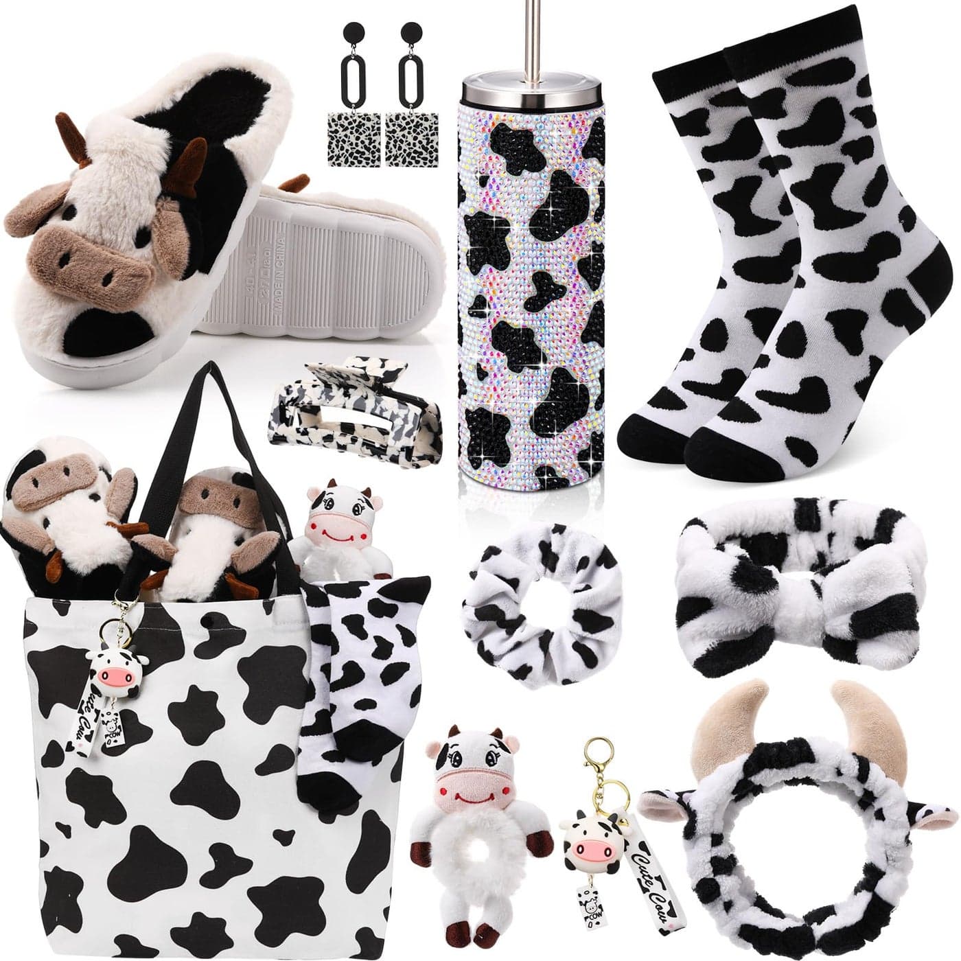 FillTouch 11 Pcs Fall Cow Gifts Sets for Women Tumbler Slippers Socks Earrings Hair Scrunchies Headbands Tote Bag Cow Print Stuff for Graduation Birthday Mother Animal Lover Farm