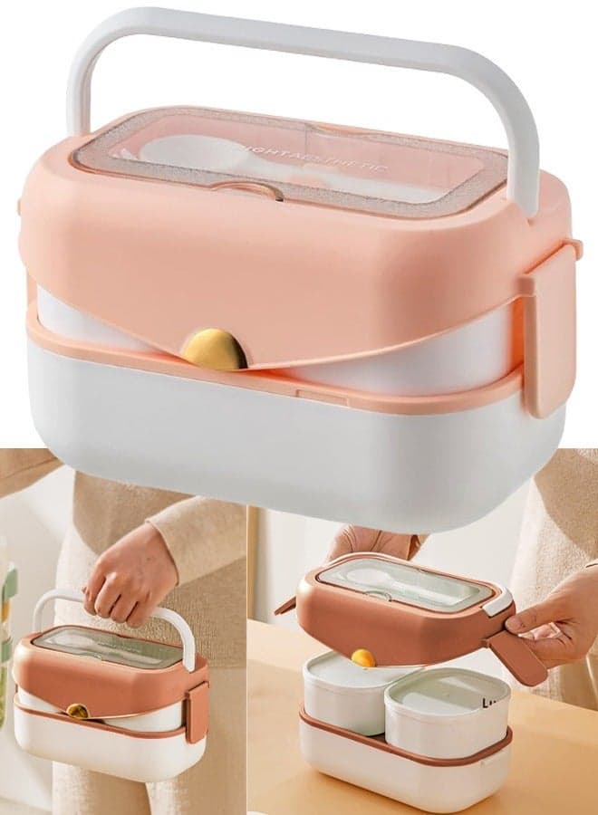 Bento Lunch Box Kids Sustainable Bento Box Leakproof Lunch Food Containers with 3 Compartments Kids Stackable Lunch Box for School Trvael Microwave Dishwasher Safe (Pink 800ml)