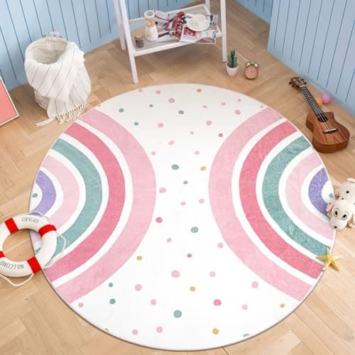 STARUIA Pink Round Rug for Girls, 5 Ft Rainbow Kids Rug for Nursery, Colorful Washable Rugs for Bedroom, Non-Slip Circle Time Rugs Soft Polka Carpet for Kids Room Princess Castle