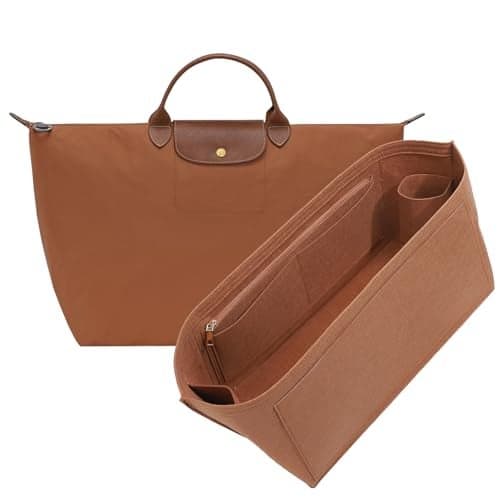 OAikor Purse Organizer Insert for Longchamp Le Pliage L Travel Tote Bag, Felt Lightweight Large Travel Tote Divider Shaper with Cup Holder,Zipper Bags Inner Linner with 9 Deepened Pockets,L/Gold-brown