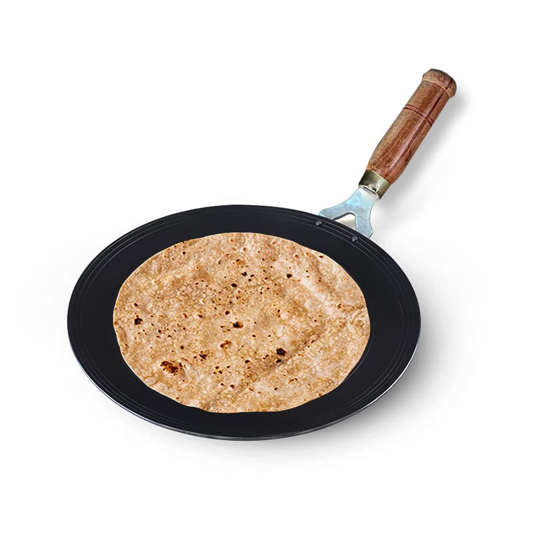 The Indus Valley PreSeasoned Iron Tawa for DosaChapathi with Wooden Handle 27cm106 inch 095kg Gas Stove Friendly 100 Pure ToxinFree No Chemical Coating