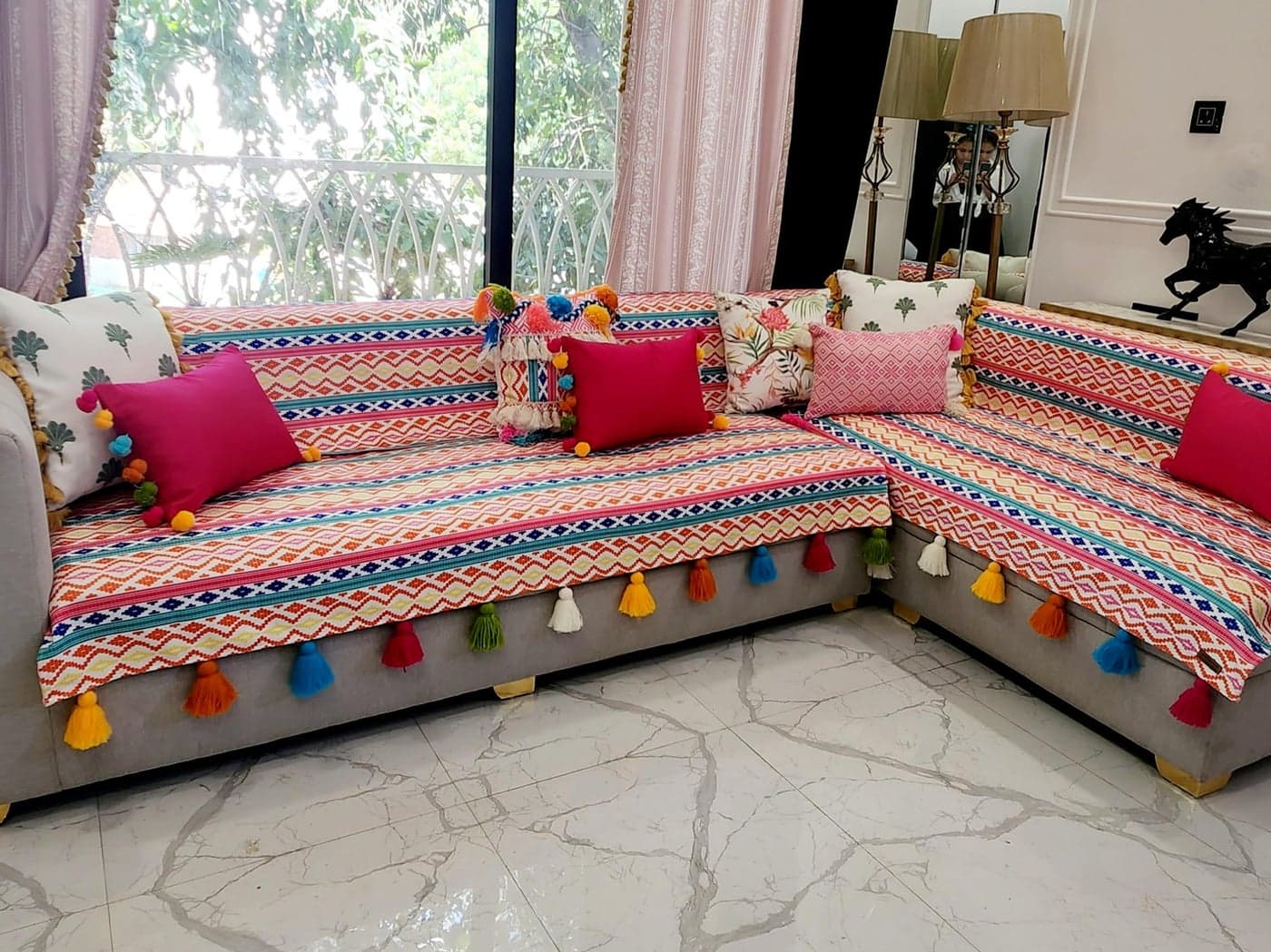 WWW.THROWPILLOW.IN Rainbow Aztech Tassel Sofa Cover:Stylish Couch Slipcover Corner Sofa Cover,Desginer Premium Sofa Covers: Fits 2+2 Seater+Corner Sofa -Set of 5 Covers- 3 Seat & 2 Back Cover