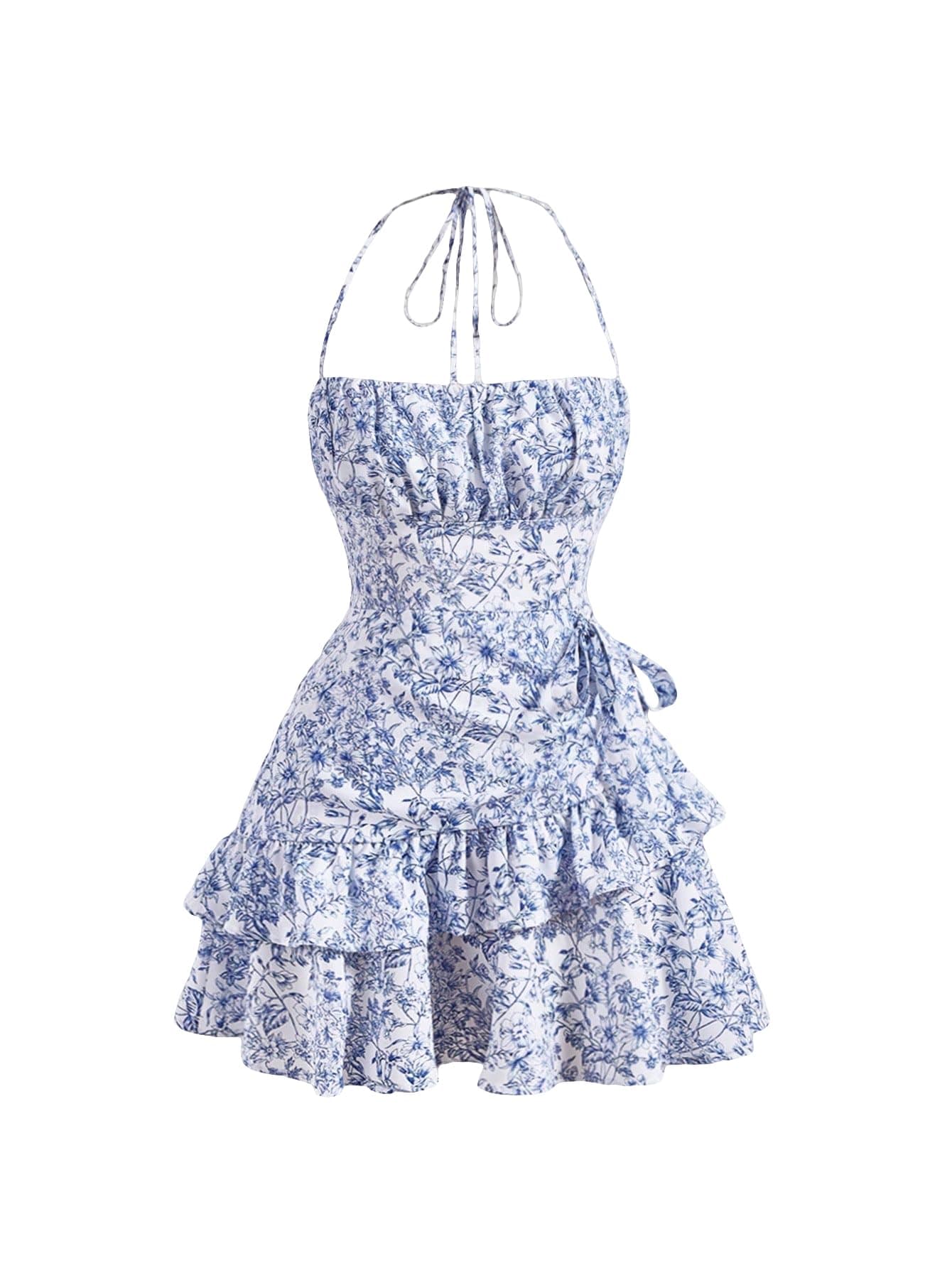 Floerns Women's Floral Halter Ruffle Tiered Cute Summer Mini Dress Milkmaid Vacation Sundress Blue and White