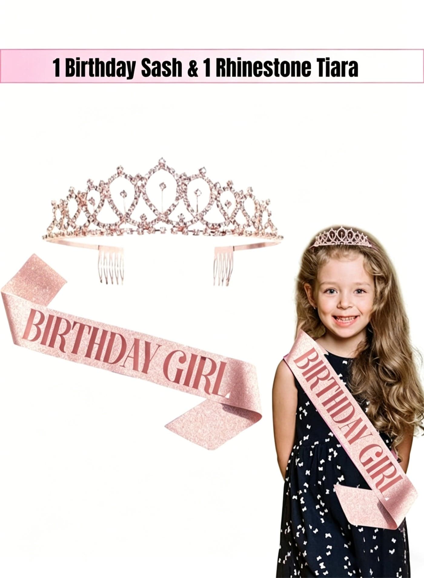 Birthday Queen Sash & Rhinestone Headband Set – Rose Gold Glitter Birthday Sash with Sparkly Crown Tiara, Birthday Girl Accessories, Gifts for Women & Girls, Party Decoration Supplies, Celebration Photo Props