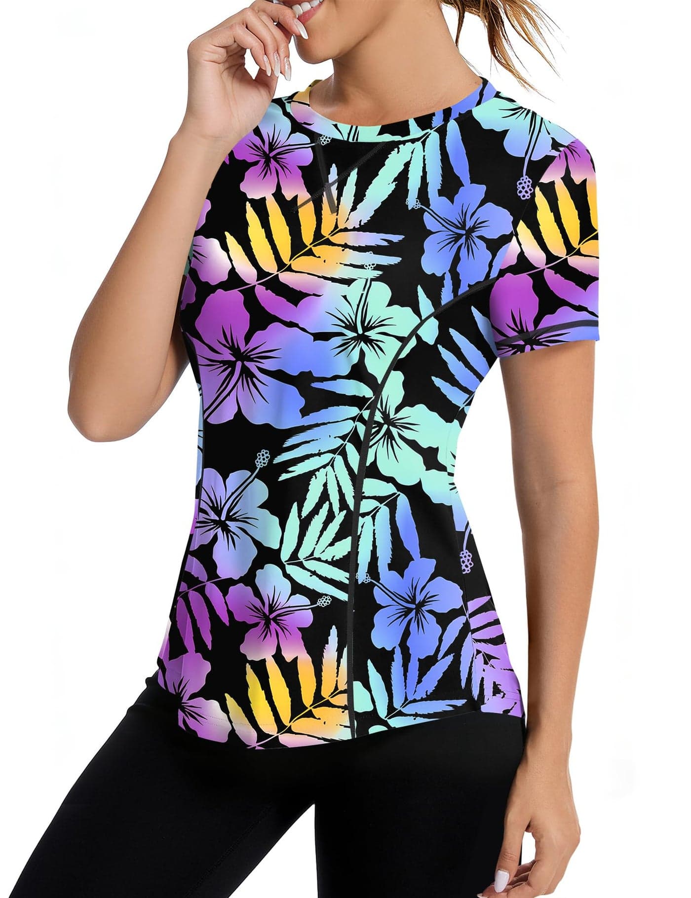 Avoogue Workout Tops for Women Short Sleeve Running Athletic Loose Yoga Tops Active Shirts Sports Gym Exercise(Colorful Leaves,S)