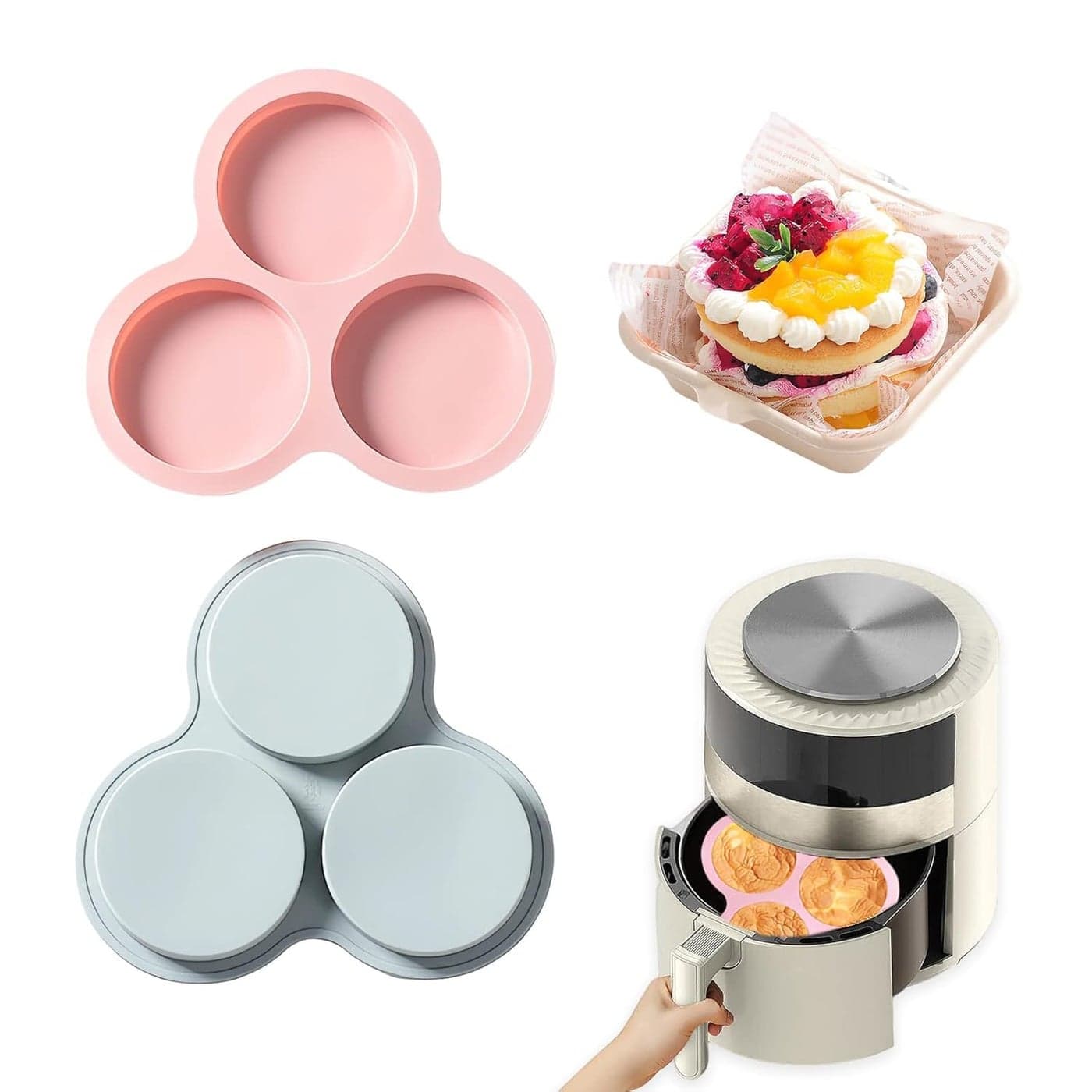 Skytail 3 Cavity Silicone Air Fryer Egg Pan Mould Round Muffin Pancake Baking Pan Making Hamburger Bun Egg Sandwich Cupcake Chocolate Cakes Cheesecake Desserts Cookie Jelly Pudding Ice Cream Pie Mold