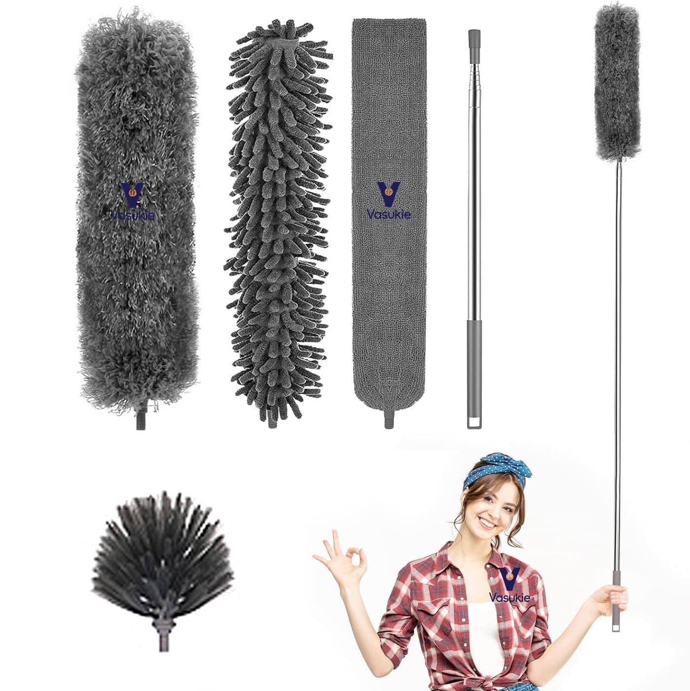 Vasukie Microfiber Feather Duster 4PCS Extendable Bendable Dusters with Long Extension Pole Washable Lightweight Dusters for Cleaning Ceiling Fan High Ceiling CRPL Large