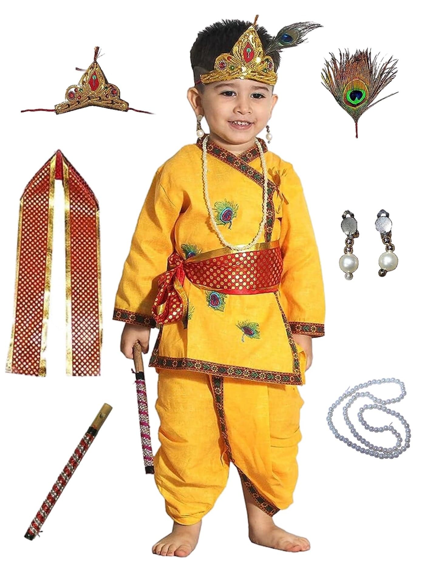 Kaku Fancy Dresses Cotton Krishna Costume for Kids|for Janmashtami/Kanha/Krishnaleela/Mythological Character Krishna Fancy Dress Costume for Boys/Girls - Yellow (4-5 Years)