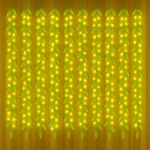 Gesto Artificial Leaf Curtain LED String Lights – Warm White Fairy Lights with 8 Modes Controller, AC Plug for Home,Room,Wall,Birthday, Wedding & Diwali Decoration, Green Leaf Hanging Lights (10x3 Ft)