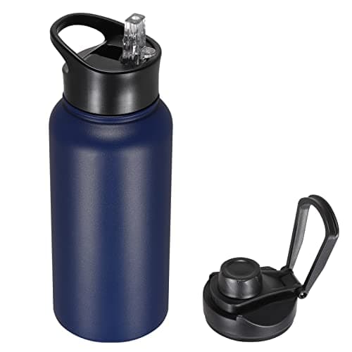 VQRRCKI 32 oz Insulated Water Bottle with Straw Lid Wide Mouth Lids Stainless Steel Sports Water Bottles Double Walled Vacuum Leak Proof Blue
