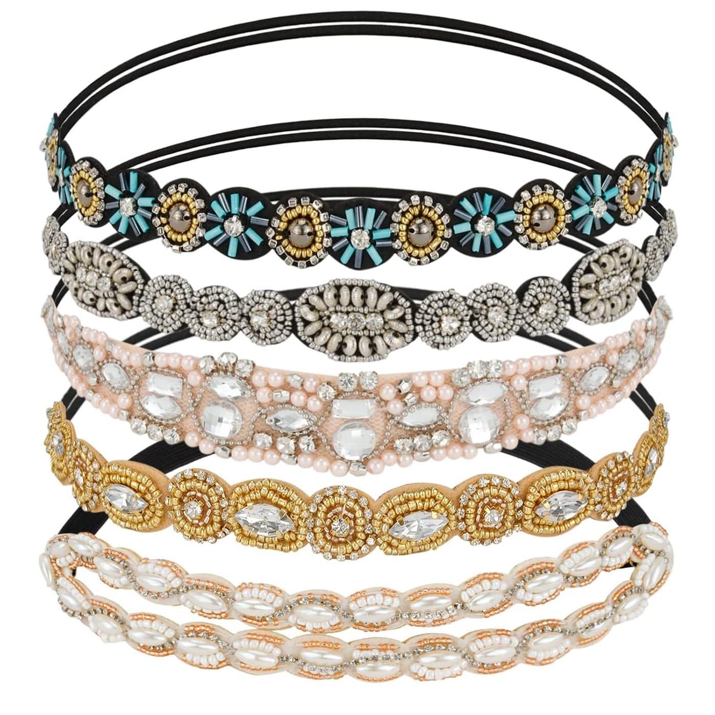 AMCAMI 5 Pcs Beaded Headband Crystal Sparkly Hairbands for Women Elastic Headbands with Pearls Rhinestones Hair Accessories for Women Girls