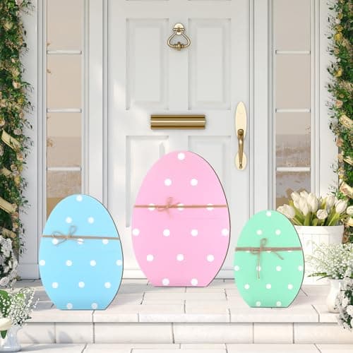 GlikCeil 3 Pcs Easter Wooden Porch Sign Easter Egg Standing Porch Decoration Rustic Welcome Decor for Spring Holiday Outdoor Party Lawn Garden Yard Entryway 12 16 21