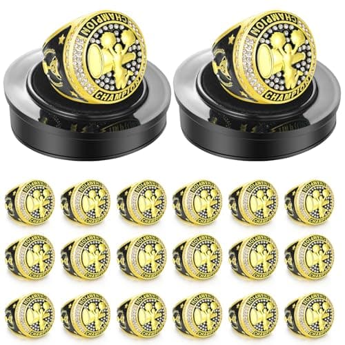 Highergo 20 Pcs Baseball Softball Basketball Football Champion Rings with Display Neck Chain and Stand Volleyball Soccer Cheer Trophy Rings Bulk for Tournament Award GiftGoldCheer