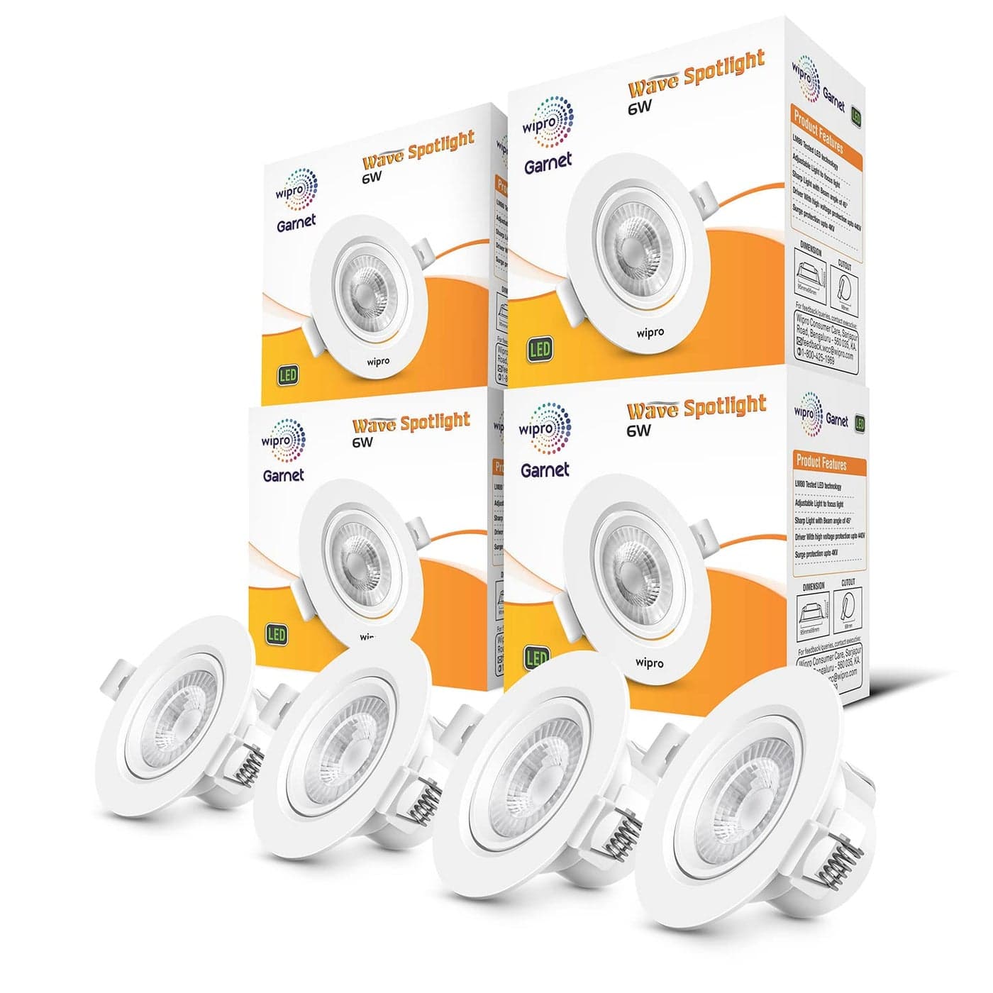 wipro Garnet 6W Round Led Wave SpotlightCob Spotlight for CeilingCool White Light 6500KAdjustable DesignRecessed Tiltable Downlighter for False CeilingCutout75 MmPack of 4