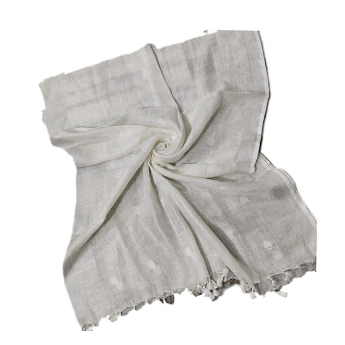 HAIDER ALI AND SONS Women's Bhagalpuri Handwoven Semi Linen Dupatta (Stole) With Silver Zari Boder and Butta Weaving_Full Size (2.4 mtr.)