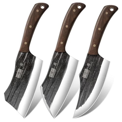 HOSHANHO Butcher Knife Set, 3-Piece High Carbon Steel Serbian Chef Knife Set of Heavy Duty Boning Knife & Meat Cleaver Knives & Viking Knives for Home, Cooking, Outdoor Camping BBQ