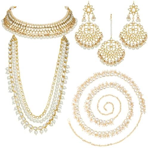 Peora Combo of Kundan Pearl Necklace Set with Adjustable Waist Belt Kamar Bandh Gift for Women