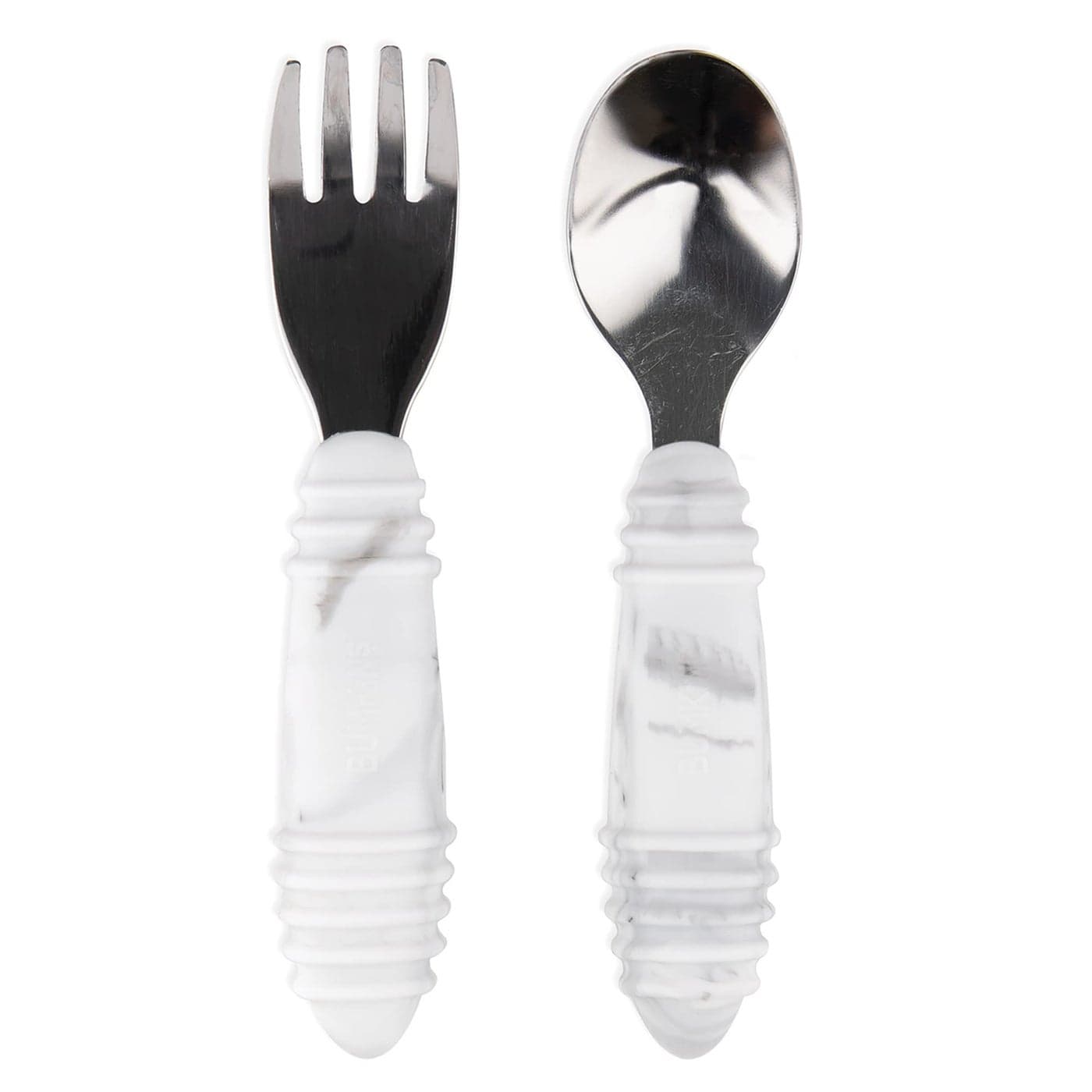Bumkins Toddler Utensils Kids Size Fork and Spoon Set Silicone and StainlessSteel Training Silverware Angled Forks Sporks for SelfFeeding Children Hold Learning to Eat 18 Months Up Marble