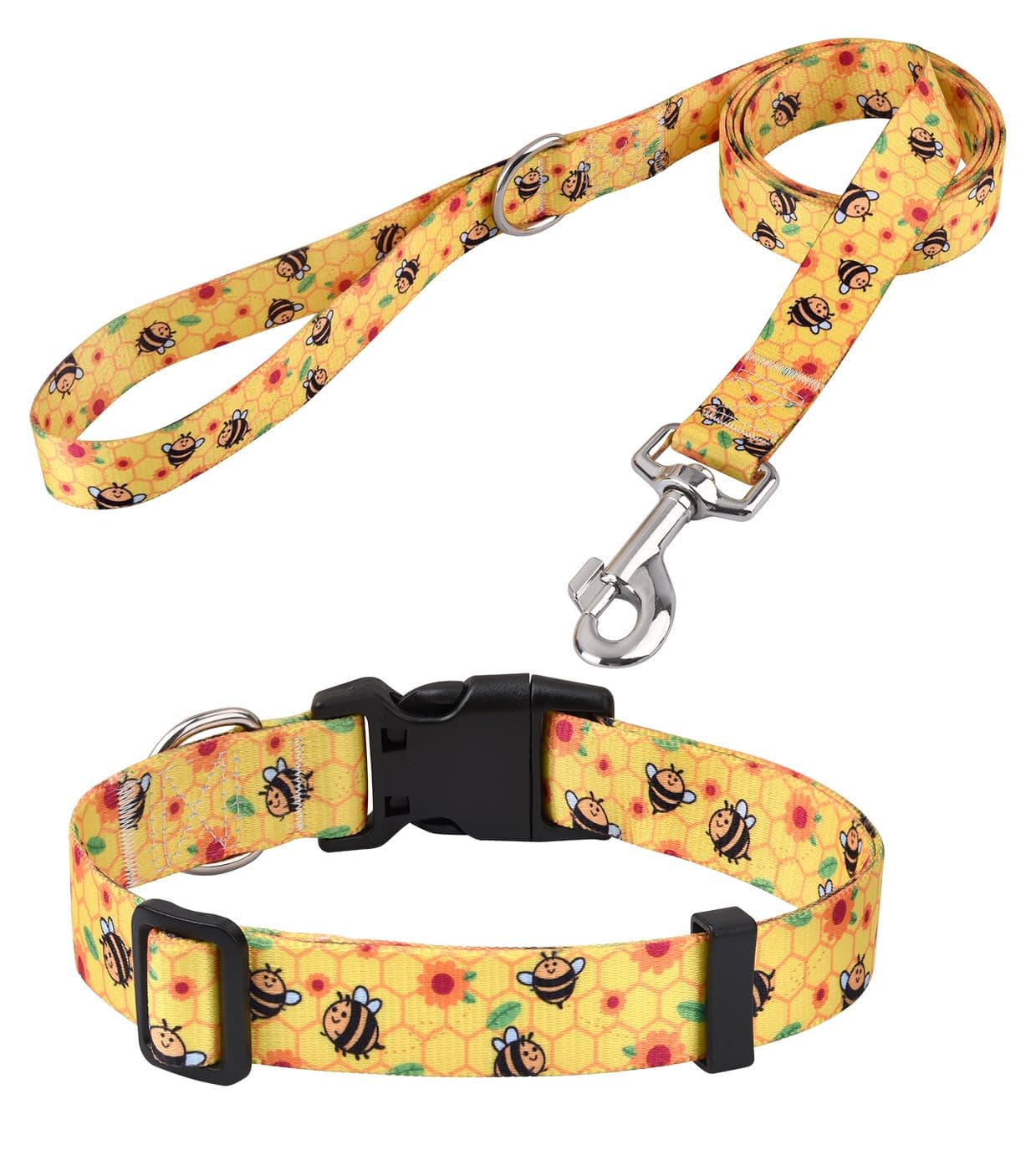 Mihqy Dog Collar and Leash Set with Bohemia Floral Tribal Geometric Patterns - Soft Ethnic Style Collar Adjustable for Small Medium Large Dogs(Bee Set,S)