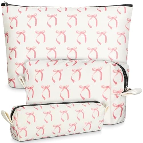 Teenyyou 3 Pieces Coquette Pink Bow Makeup Bag Cosmetic Bag Women Gift Cute Aesthetic Travel Toiletry Storage Organizer Large Capacity Zipper Brushes Pouch