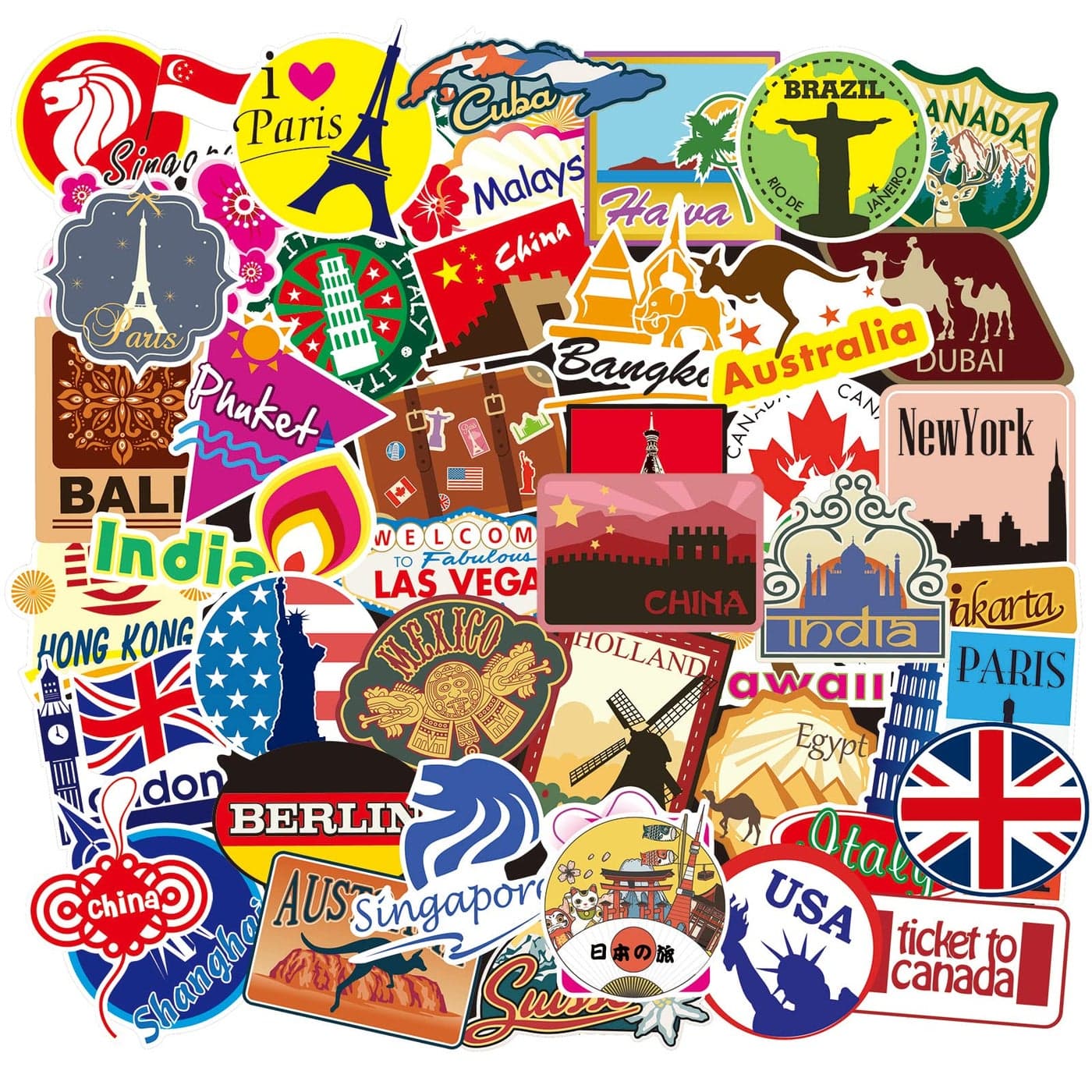 100 Travel Maps Stickers World Famous Landmarks Country City Logo Stickers for Suitcase Laptop Skateboard Bicycle Scrapbook