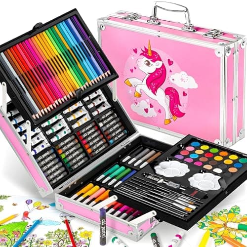KRySt 145 Pieces Art Set for Kids with Themed Storage Case | Art and Craft Supplies Kit for Drawing and Painting with Oil Pastels, Watercolors, Color Pencils, and Sketch Pens (Pink)
