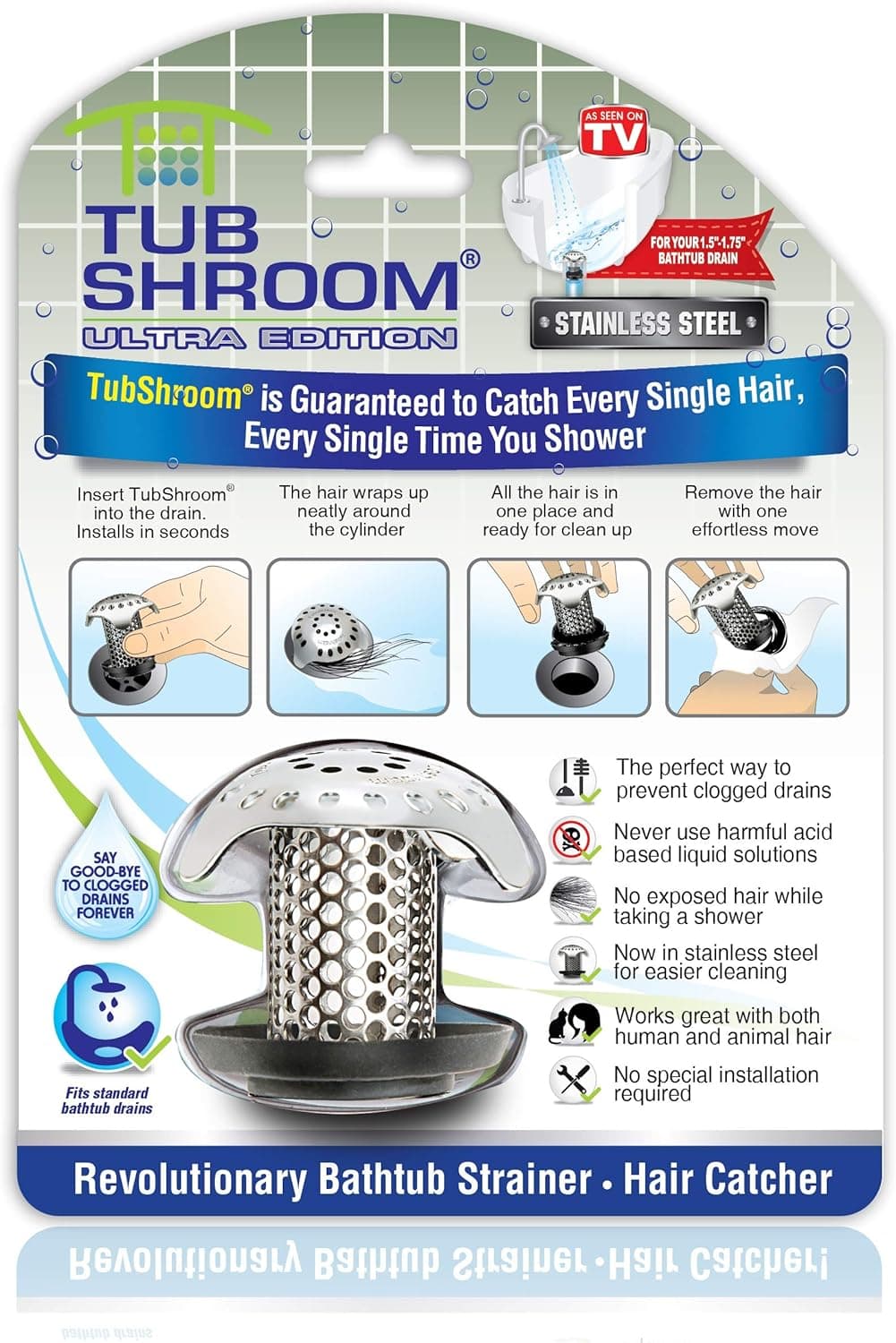 TubShroom Ultra Revolutionary Bath Tub Drain Protector Hair CatcherStrainerSnare Stainless Steel 1Pack Silver