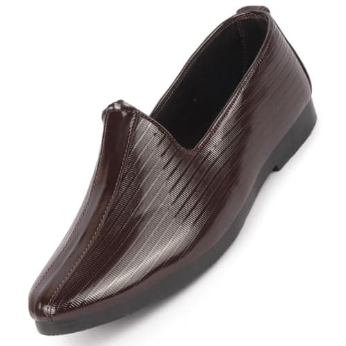 FAUSTO FST KI-910 BROWN-44 Men's Brown Glossy Shine Textured Wedding Festive Ethnic Slip On Jutis and Mojaris (10 UK)