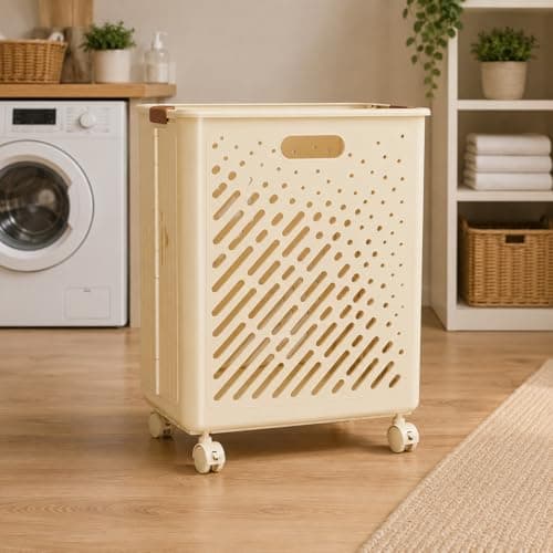 Rioware Foldable Laundry Basket with Wheels – Portable Laundry Bag/Toy Storage Organizer/Cloth Bin, Washing Clothes Storage Basket, and Movable Storage Solution (Cream, Large)
