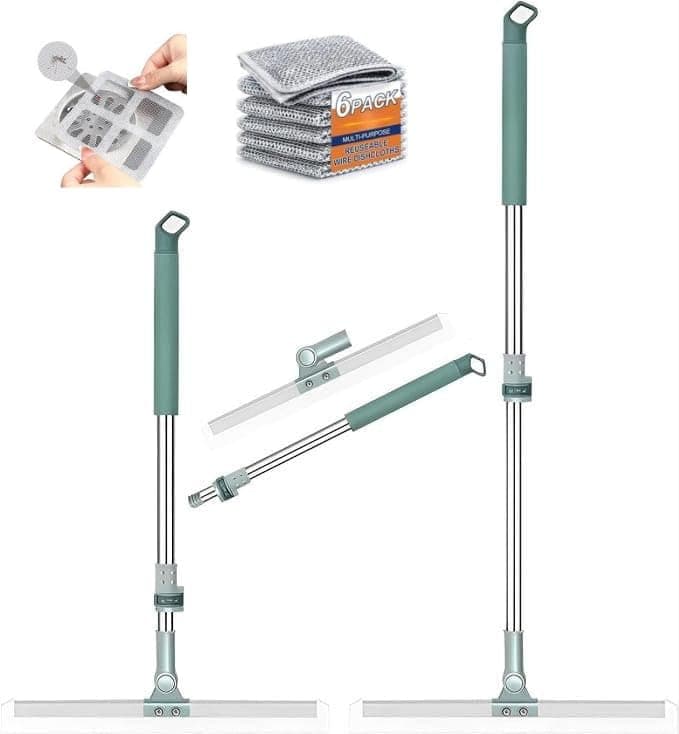 KANAKADHARA Multifunctional Magic Broom Silicon Slim Floor Wiper 180 Degree Rotating Squeegee Broom for Cleaning Rubber Floor Scrubber with Long Handle Adjustable 6 Dish Cloth 10 Hair Drain Catcher