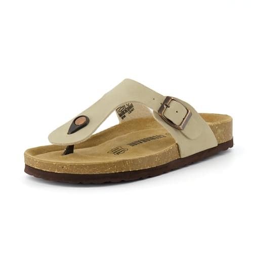 CUSHIONAIRE Leah Thong Womens Sandals - Cork Footbed Flip Flops for Women 2025 with Memory Foam and Adjustable Buckle Strap, STONE 8