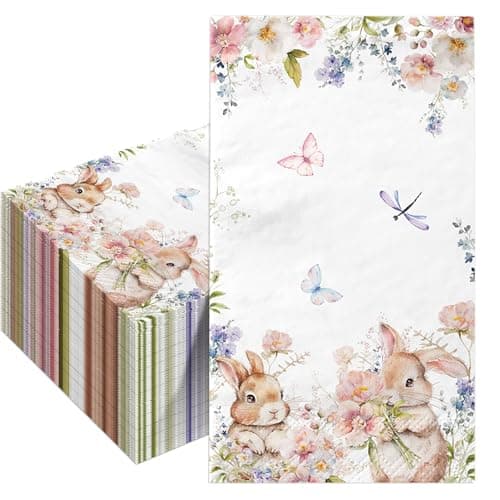 100Pcs Easter Napkins, Bunny Floral Easter Paper Napkins, Rabbit Flowers Spring Seasonal Disposable Paper Dinner Hand Napkin Towels for Happy Spring Eater Decorations