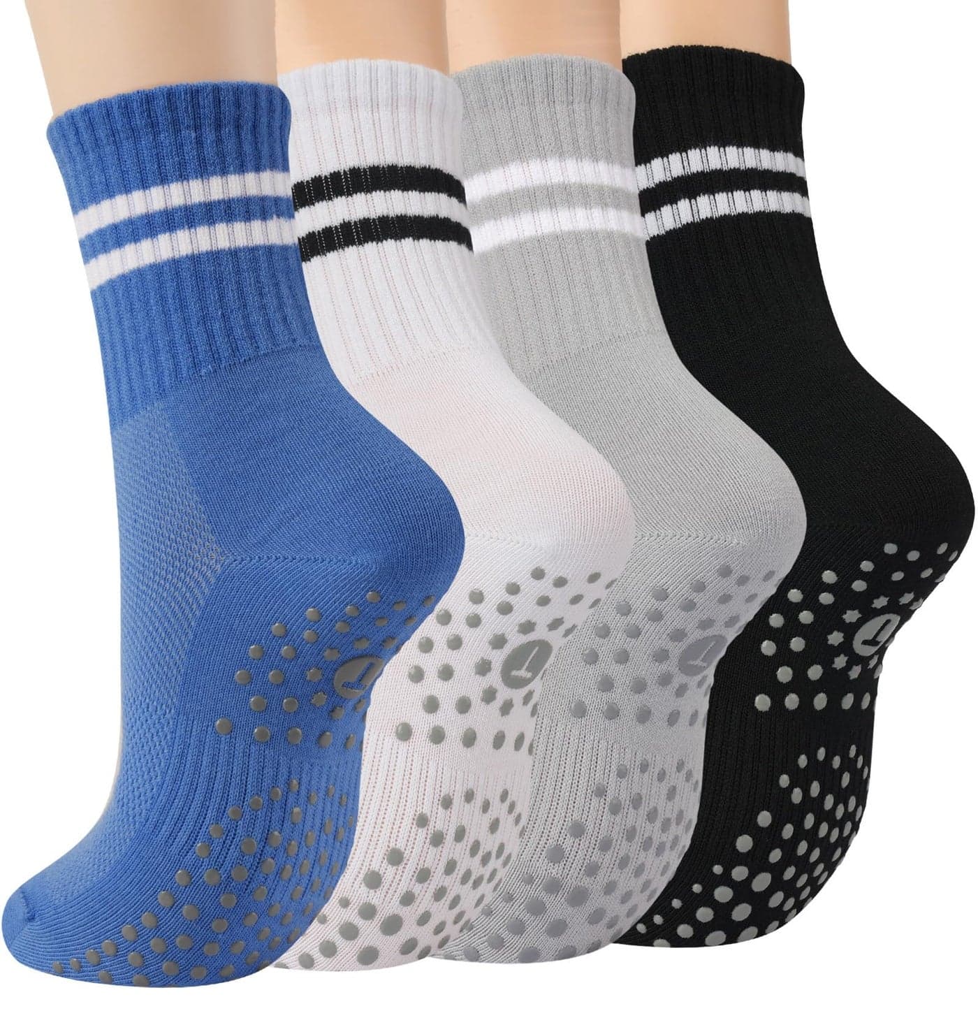 Toes Home Pilates Socks for Women with Non Slip Grippers, Yoga Crew Socks for Barre Hospital Sticky Slipper Socks 4 Pairs Blue