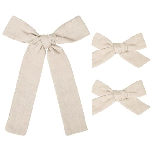 DEEKA Beige Cotton Linen Hair Bows 2 Sizes 535 Soft Hair Bow set for Toddler Girls Long Ponytail Knot Bows Alligator Clip Hair Accessories for Little School Girls Beige