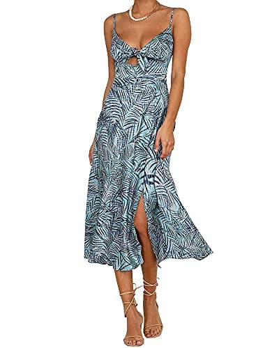 Fashionme Women Spaghetti Strap Midi Satin Dresses Tie Front Backless Split Summer Casual Floral Dress Hollow Flowy Slip Dress Sundresses Wedding Guest Beach Cocktail Graduation B-Light Blue