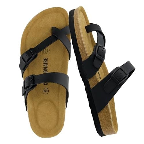 CUSHIONAIRE Luna Crossover Toe Strap Womens Sandals – Cork Footbed Slides with Adjustable Straps, Summer Sandals for Women 2025, BLACK 5