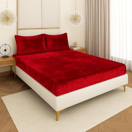 Shri Anand Creations Elastic Fitted Woollen Bedsheet for Double Bed with Pillow Covers, Winter Season, Warm Flannel. (Red)