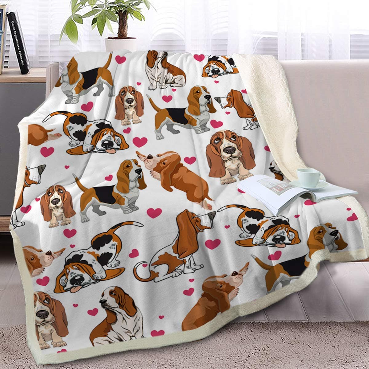 BlessLiving Basset Hound Fleece Blanket Red Hearts Warm Thick Cute Puppy Sherpa Throw for Kids Adults 3D Animal Print Plush Gift for Pet Lovers 50 x 60 Inch