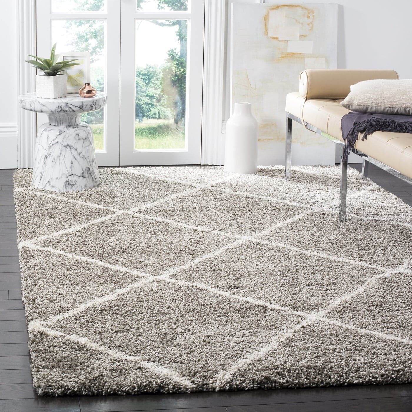 SAFAVIEH Hudson Shag Collection Area Rug 6 x 9 Grey Ivory Modern Diamond Trellis Design NonShedding Easy Care 2inch Thick Ideal for High Traffic Areas in Living Room Bedroom SGH281B