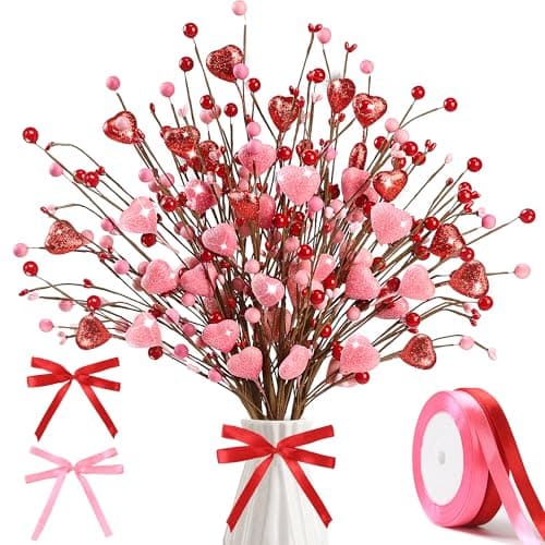 Valentine’s Day Gifts 12 Pcs Glittery Heart Shaped Berry Picks Shining Artificial Red Heart Berry Twig Stem Branches with 2 Rolls of Ribbon for Valentine’s Day Anniversary Bouquets Wedding Home Decor