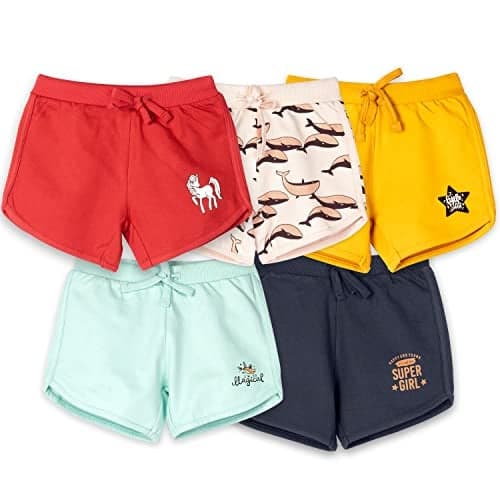 Real Basics Girls Premium Cotton Shorts - Regular Fit Printed Shorts (Pack of 5), Assorted, 5 to 6 Years