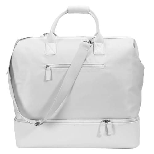 NOBL Travel Weekender Bag for Women Men Large Duffel CarryOn Tote with Trolley Sleeve Separate Shoe Compartment Laptop Pocket Leather Overnight Bag for Airplane Gym Road Trips Ivory
