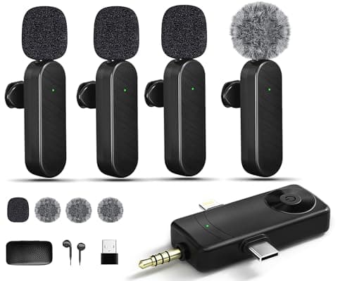 Gicorino Wireless Lavalier Microphones Compatible for iPhone, Android Phone, Camera, Computer, Professional Wireless Mini Microphone for Video Recording, Vlog, YouTube, TikTok (4 Mics)