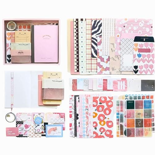 The AutoStory Scrapbooking Kit A6 Junk Journal Notebook Cute Decals Decorative Cardstock Washi Tape DIY Craft Art Diary Planner Decor Keepsake Gift for Women Teens Girls (Warm Greetings, Pink)