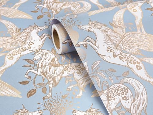 FunStick 175x354 Blue and Gold Unicorn Peel and Stick Wallpaper Whimsical Aesthetic Animal Leaves Horse Wallpaper Self Adhesive Contact Paper Waterproof Renter Friendly Girls Bedroom Accent Walls